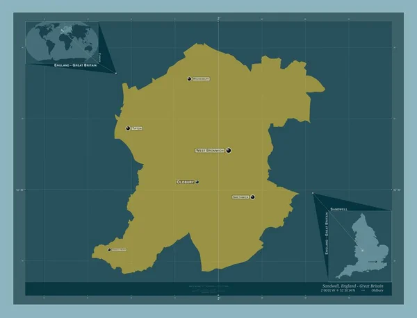 桑德威尔 英格兰的行政区划 大不列颠 固体的颜色形状 该区域主要城市的地点和名称 角辅助位置图 — 图库照片