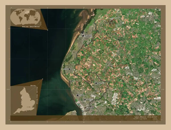 塞夫顿 英格兰的行政区划 大不列颠 低分辨率卫星地图 该区域主要城市的地点和名称 角辅助位置图 — 图库照片