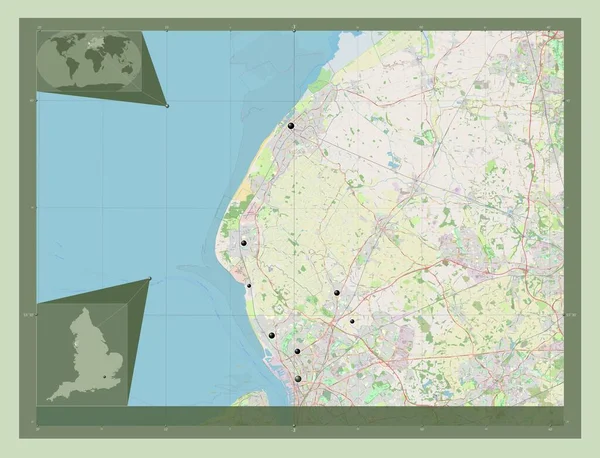 セフトン イングランドの行政郡 イギリス ストリートマップを開く 地域の主要都市の場所 コーナー補助位置図 — ストック写真
