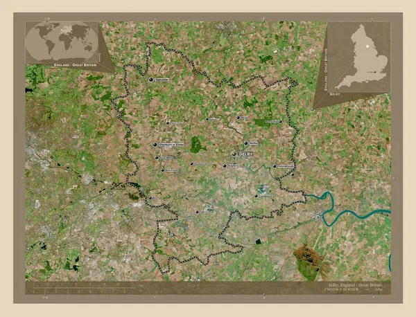 塞尔比 英格兰的非大都市地区 大不列颠 高分辨率卫星地图 该区域主要城市的地点和名称 角辅助位置图 — 图库照片