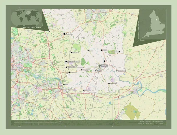 イギリスの非都市圏セルビー 英語版 イギリス ストリートマップを開く 地域の主要都市の位置と名前 コーナー補助位置図 — ストック写真