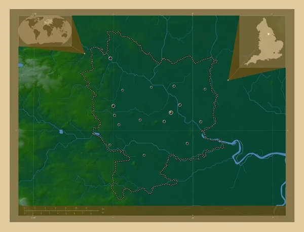 イギリスの非都市圏セルビー 英語版 イギリス 湖や川と色の標高マップ 地域の主要都市の場所 コーナー補助位置図 — ストック写真