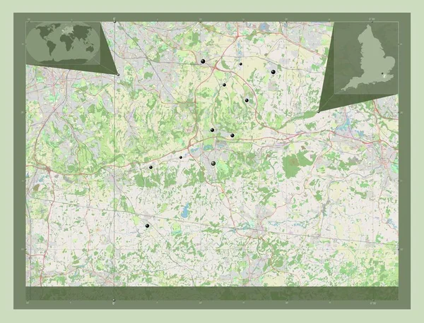 イングランドの首都圏ではない地域 セボークス イギリス ストリートマップを開く 地域の主要都市の場所 コーナー補助位置図 — ストック写真