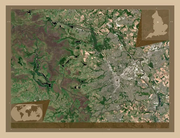 シェフィールド イングランドの行政郡 イギリス 低解像度衛星地図 地域の主要都市の場所 コーナー補助位置図 — ストック写真