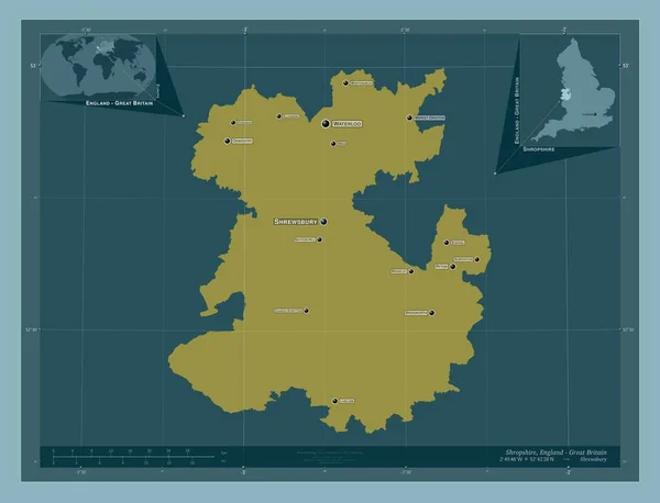 什罗普郡 英格兰的行政区划 大不列颠 固体的颜色形状 该区域主要城市的地点和名称 角辅助位置图 — 图库照片