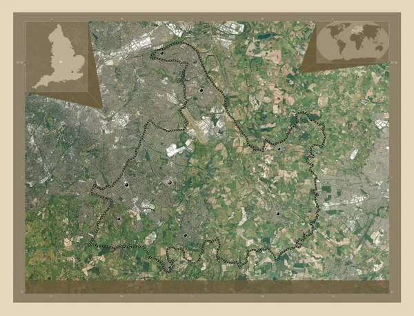 イギリスの統一的権威であるソリフル Solihull 高解像度衛星地図 地域の主要都市の場所 コーナー補助位置図 — ストック写真