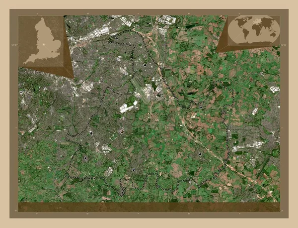 イギリスの統一的権威であるソリフル Solihull 低解像度衛星地図 地域の主要都市の場所 コーナー補助位置図 — ストック写真
