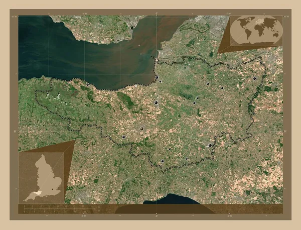 萨默塞特 英格兰行政区划 大不列颠 低分辨率卫星地图 该区域主要城市的所在地点 角辅助位置图 — 图库照片