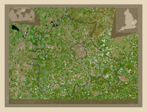 南坎布里奇郡 英格兰的非都市地区 大不列颠 高分辨率卫星地图 该区域主要城市的所在地点 角辅助位置图 — 图库照片