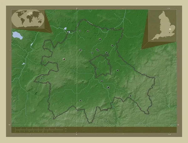 stock image South Cambridgeshire, non metropolitan district of England - Great Britain. Elevation map colored in wiki style with lakes and rivers. Locations of major cities of the region. Corner auxiliary location maps