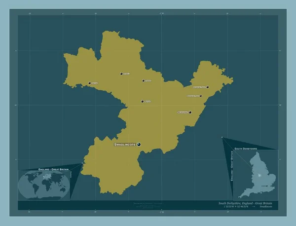 南德比郡 英格兰的非大都市地区 大不列颠 固体的颜色形状 该区域主要城市的地点和名称 角辅助位置图 — 图库照片