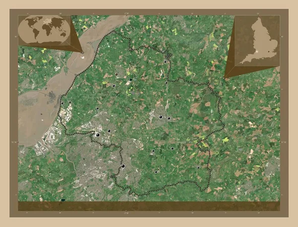 南格洛斯特郡 英格兰的单一政权 大不列颠 低分辨率卫星地图 该区域主要城市的所在地点 角辅助位置图 — 图库照片