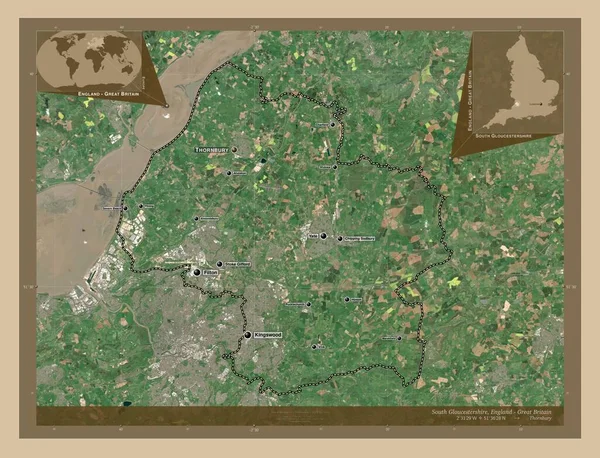 サウスグロスターシャー イギリスの統一当局 イギリス 低解像度衛星地図 地域の主要都市の位置と名前 コーナー補助位置図 — ストック写真