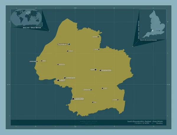 サウスグロスターシャー イギリスの統一当局 イギリス しっかりした色の形 地域の主要都市の位置と名前 コーナー補助位置図 — ストック写真