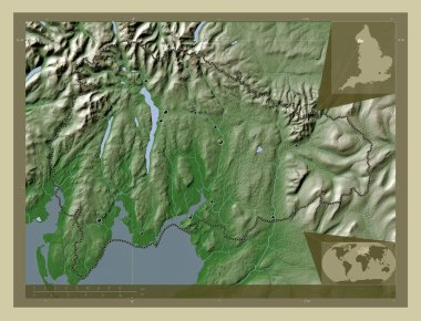 Güney Lakeland, İngiltere 'nin metropolitan olmayan bölgesi - Büyük Britanya. Yükseklik haritası göller ve nehirlerle wiki tarzında renklendirilmiş. Bölgenin büyük şehirlerinin yerleri. Köşedeki yedek konum haritaları