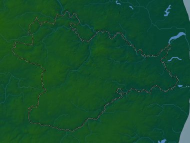 Güney Norfolk, İngiltere 'nin metropolitan olmayan bölgesi - Büyük Britanya. Gölleri ve nehirleri olan renkli yükseklik haritası