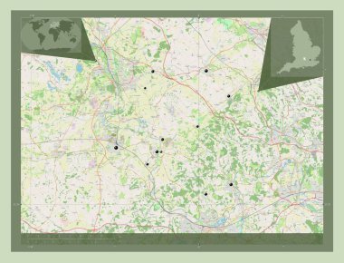 Güney Oxfordshire, İngiltere 'nin metropolitan olmayan bölgesi - Büyük Britanya. Açık Sokak Haritası. Bölgenin büyük şehirlerinin yerleri. Köşedeki yedek konum haritaları