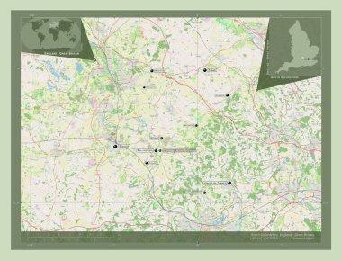 Güney Oxfordshire, İngiltere 'nin metropolitan olmayan bölgesi - Büyük Britanya. Açık Sokak Haritası. Bölgenin büyük şehirlerinin yerleri ve isimleri. Köşedeki yedek konum haritaları