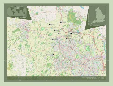 Güney Staffordshire, İngiltere 'nin metropolitan olmayan bölgesi - Büyük Britanya. Açık Sokak Haritası. Bölgenin büyük şehirlerinin yerleri ve isimleri. Köşedeki yedek konum haritaları