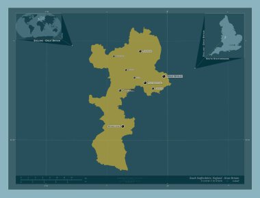 Güney Staffordshire, İngiltere 'nin metropolitan olmayan bölgesi - Büyük Britanya. Katı renk şekli. Bölgenin büyük şehirlerinin yerleri ve isimleri. Köşedeki yedek konum haritaları