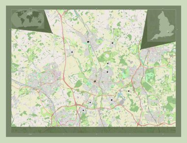 St Albans, İngiltere 'nin metropolitan olmayan bölgesi - Büyük Britanya. Açık Sokak Haritası. Bölgenin büyük şehirlerinin yerleri. Köşedeki yedek konum haritaları