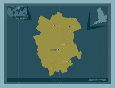 St Albans, İngiltere 'nin metropolitan olmayan bölgesi - Büyük Britanya. Katı renk şekli. Bölgenin büyük şehirlerinin yerleri ve isimleri. Köşedeki yedek konum haritaları