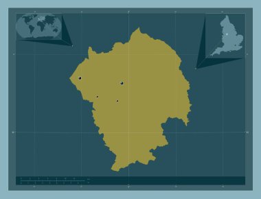 Staffordshire Moorlands, İngiltere 'nin metropolitan olmayan bölgesi - Büyük Britanya. Katı renk şekli. Bölgenin büyük şehirlerinin yerleri. Köşedeki yedek konum haritaları