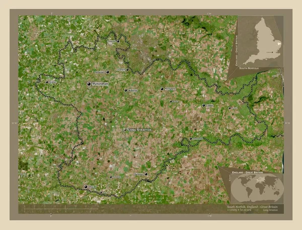 イングランドの大都市圏ではないノーフォーク南部 イギリス 高解像度衛星地図 地域の主要都市の位置と名前 コーナー補助位置図 — ストック写真