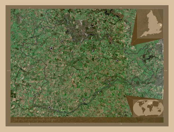 南诺福克 英格兰非大都市地区 大不列颠 低分辨率卫星地图 该区域主要城市的所在地点 角辅助位置图 — 图库照片