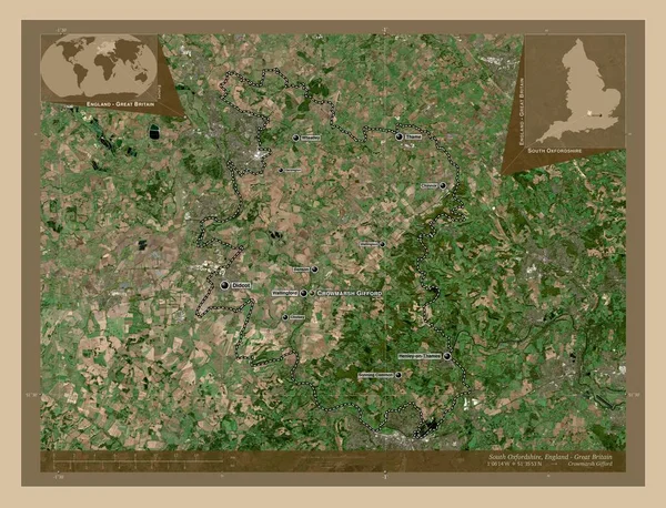 南奥克斯福郡 英格兰的非大都市地区 大不列颠 低分辨率卫星地图 该区域主要城市的地点和名称 角辅助位置图 — 图库照片