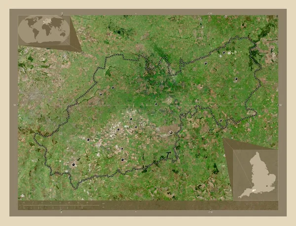 南萨默塞特 英格兰非都市地区 大不列颠 高分辨率卫星地图 该区域主要城市的所在地点 角辅助位置图 — 图库照片