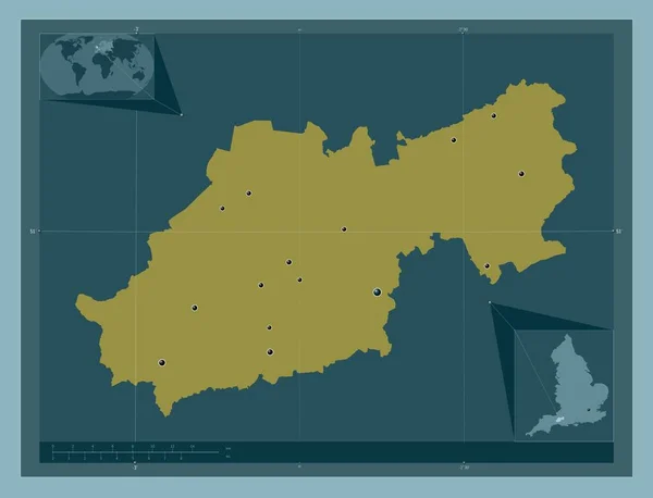 南サマセット イングランドの非大都市圏 イギリス しっかりした色の形 地域の主要都市の場所 コーナー補助位置図 — ストック写真