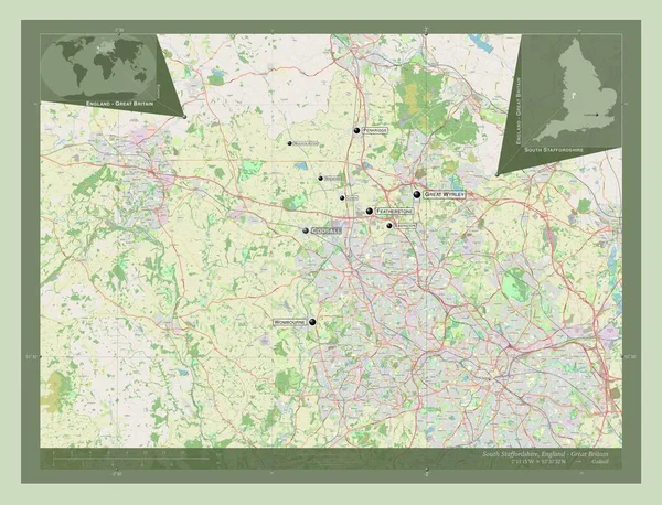 サウス スタッフォードシャー イングランドの首都圏ではない地区 イギリス ストリートマップを開く 地域の主要都市の位置と名前 コーナー補助位置図 — ストック写真