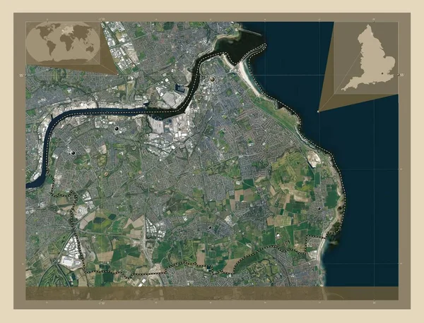 イングランドの郡 サウス タイネサイド イギリス 高解像度衛星地図 地域の主要都市の場所 コーナー補助位置図 — ストック写真