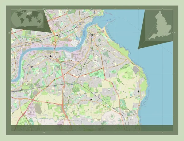 Güney Tyneside, İngiltere - Büyük Britanya. Açık Sokak Haritası. Bölgenin büyük şehirlerinin yerleri. Köşedeki yedek konum haritaları