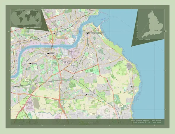 イングランドの郡 サウス タイネサイド イギリス ストリートマップを開く 地域の主要都市の位置と名前 コーナー補助位置図 — ストック写真