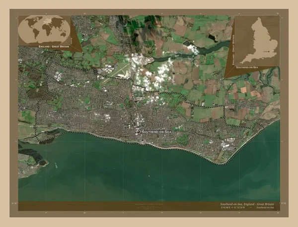 サウスエンド Southend Sea はイギリスの統一権 低解像度衛星地図 地域の主要都市の位置と名前 コーナー補助位置図 — ストック写真