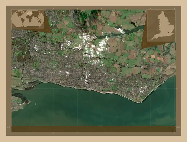南端海上 英格兰的单一政权 大不列颠 低分辨率卫星地图 角辅助位置图 — 图库照片
