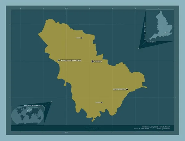 Spelthorne 英格兰非大都市地区 大不列颠 固体的颜色形状 该区域主要城市的地点和名称 角辅助位置图 — 图库照片