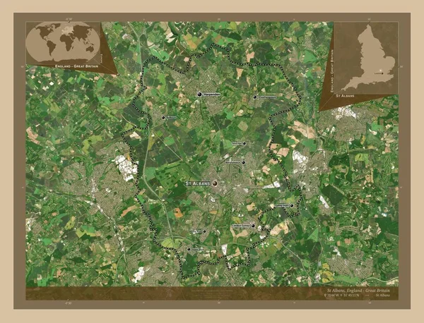 イギリスの非大都市圏であるセント アルバンズ 英語版 イギリス 低解像度衛星地図 地域の主要都市の位置と名前 コーナー補助位置図 — ストック写真