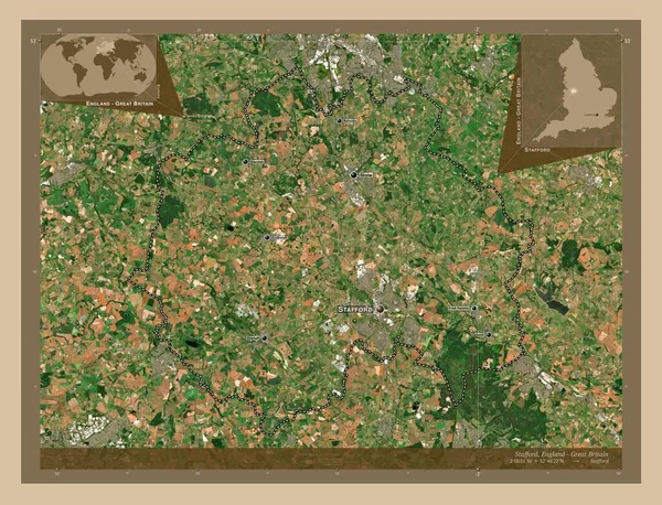 斯塔福德 英格兰非大都市地区 大不列颠 低分辨率卫星地图 该区域主要城市的地点和名称 角辅助位置图 — 图库照片