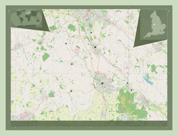 斯塔福德 英格兰非大都市地区 大不列颠 开放街道地图 该区域主要城市的所在地点 角辅助位置图 — 图库照片