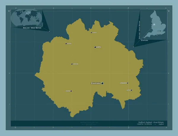 イギリスの非大都市圏 スタッフォード イギリス しっかりした色の形 地域の主要都市の位置と名前 コーナー補助位置図 — ストック写真