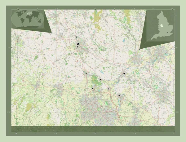 イギリスの行政郡 スタッフォードシャー イギリス ストリートマップを開く 地域の主要都市の場所 コーナー補助位置図 — ストック写真