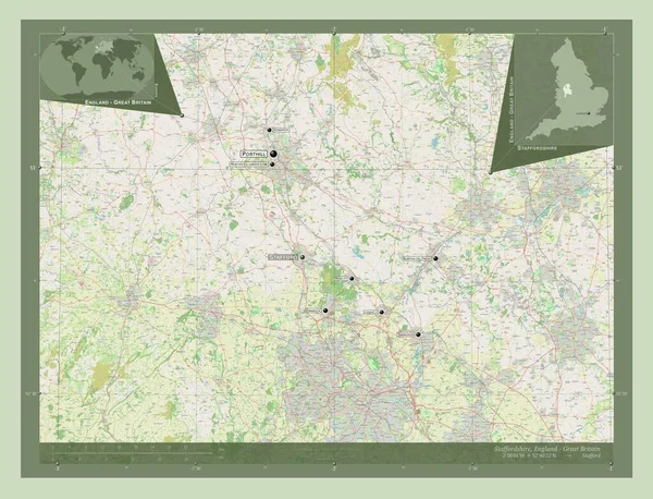 Staffordshire, administrative county of England - Great Britain. Open Street Map. Locations and names of major cities of the region. Corner auxiliary location maps
