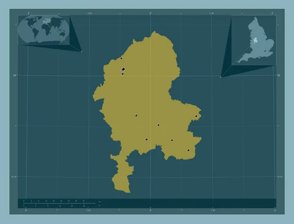 斯塔福德郡 英格兰的行政区划 大不列颠 固体的颜色形状 该区域主要城市的所在地点 角辅助位置图 — 图库照片