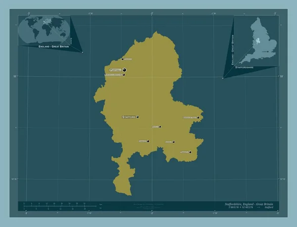 斯塔福德郡 英格兰的行政区划 大不列颠 固体的颜色形状 该区域主要城市的地点和名称 角辅助位置图 — 图库照片