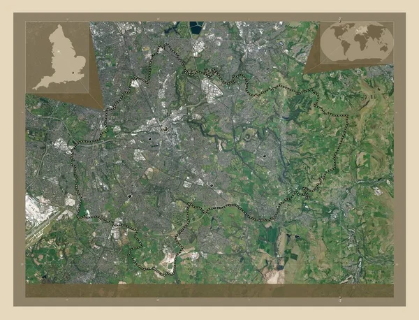 斯托克波特 英国大都市 大不列颠 高分辨率卫星地图 该区域主要城市的所在地点 角辅助位置图 — 图库照片