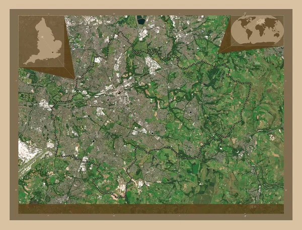 斯托克波特 英国大都市 大不列颠 低分辨率卫星地图 该区域主要城市的所在地点 角辅助位置图 — 图库照片