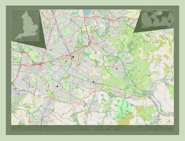 イギリスの大都市圏 ストックポート イギリス ストリートマップを開く 地域の主要都市の場所 コーナー補助位置図 — ストック写真